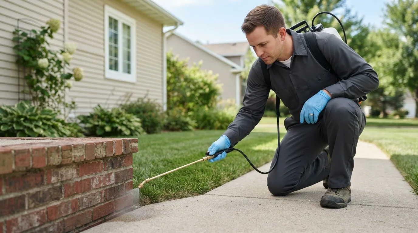 Pest control technician treating a home near Wheeler, IN