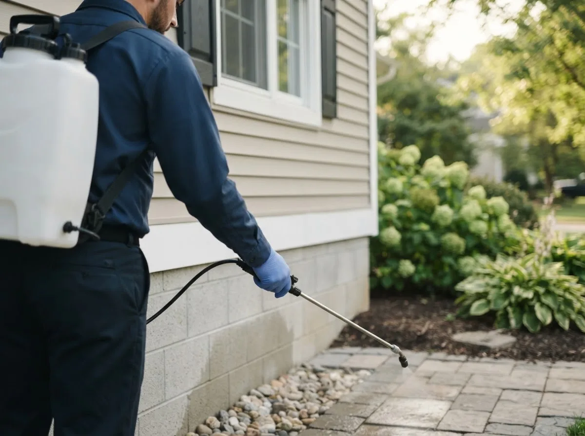 Pest control technician inspecting a home in Wheeler, IN